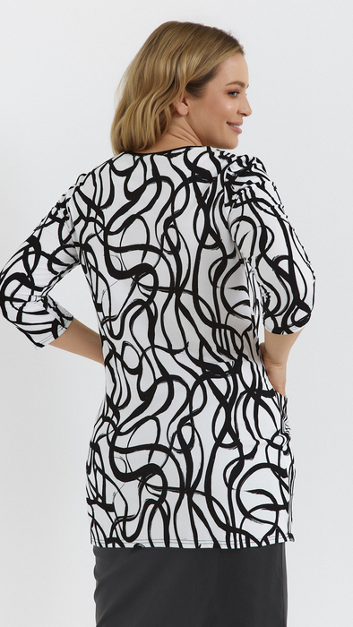 Women's tunic with pockets, white and black, 3/4 sleeve