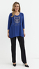 Cornflower blue women's loose tunic blouse with a viscose owl application