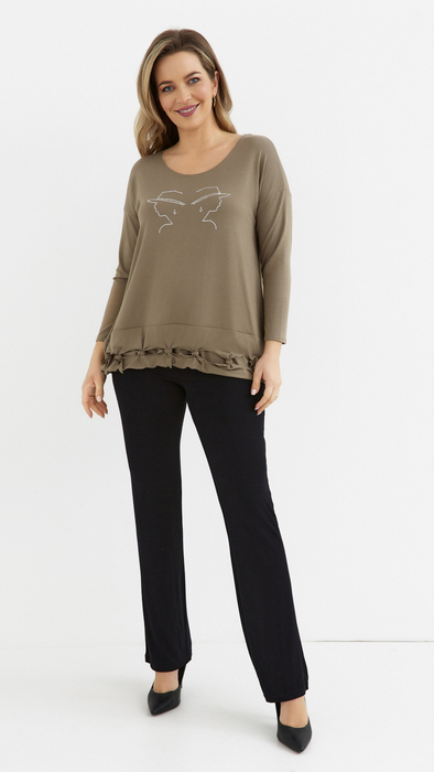 Khaki lockere, elegante Damenbluse mit Applikation