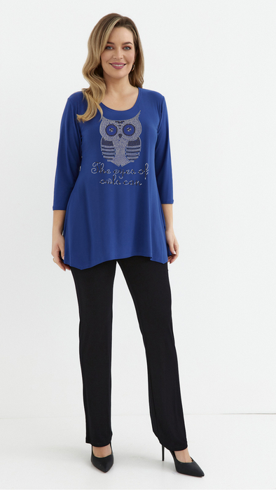 Cornflower blue women's loose tunic blouse with a viscose owl application