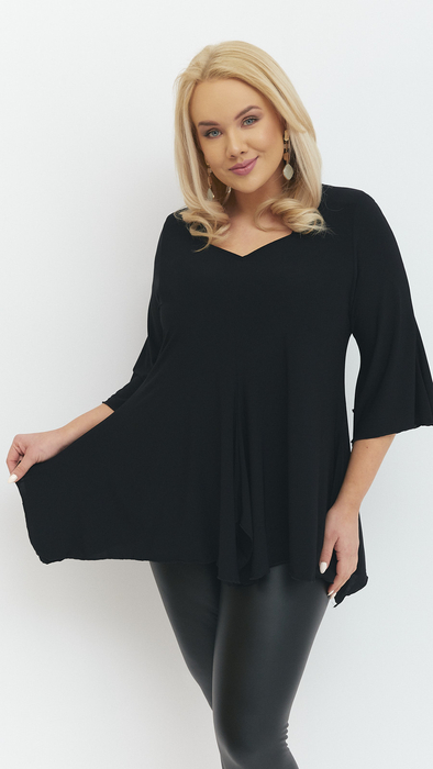 Schwarze Damen-Tunika, elegante Bluse mit Glockenärmeln