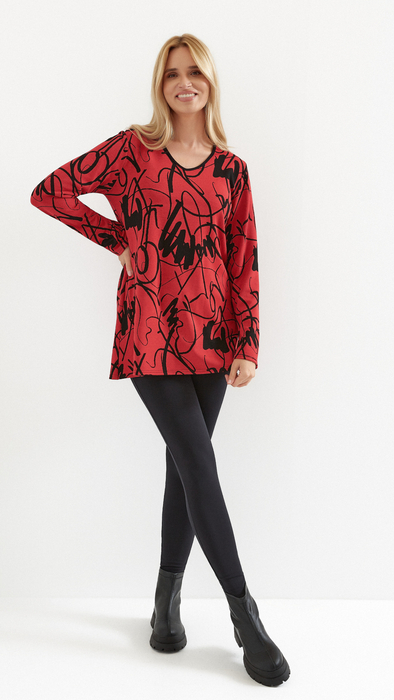 Warm red women's autumn tunic, thick knit, original pattern