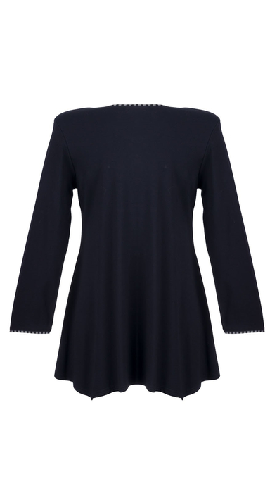 Czarna elegancka tunika damska zdobiona unikalnym warkoczem w szaro czarne paski