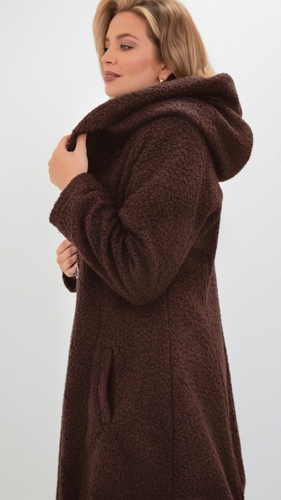 Braune warmer, eleganter Damenmantel mit Kapuze aus Bouclé