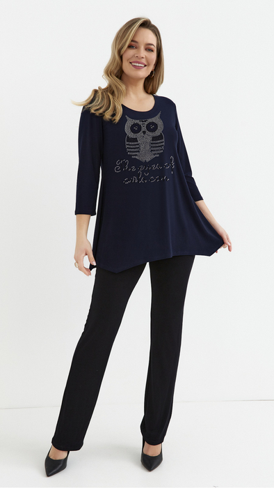 Granatowa tunika damska luźna bluzka z aplikacją wiskoza sowa