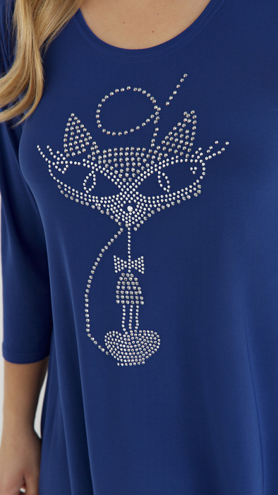 Kornblumenblaue Damentunika, lockere, elegante Bluse mit Applikation Katze