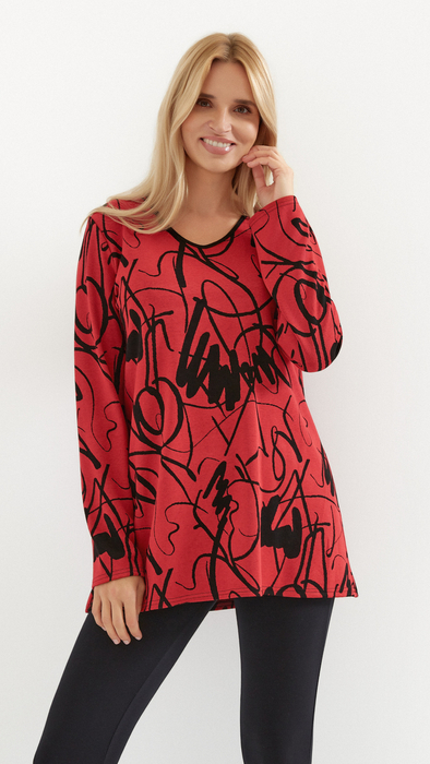 Warm red women's autumn tunic, thick knit, original pattern