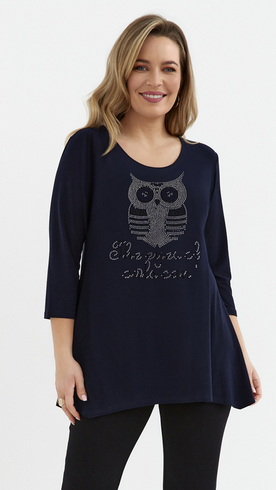 Dunkelblaue lockere Tunika-Bluse für Damen mit Viskose-Eulen-Applikation