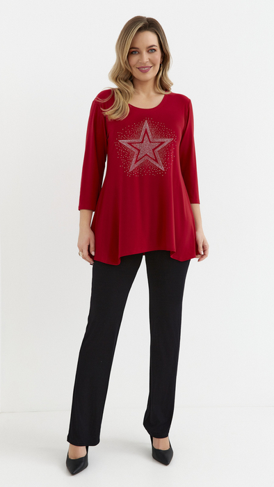Red women's tunic, loose blouse, elegant viscose star
