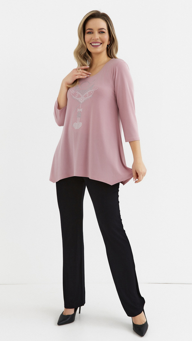 Puderrosa Damentunika, lockere, elegante Bluse mit Applikation Katze