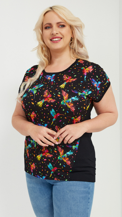 Schwarze Damenbluse mit Vogelmuster