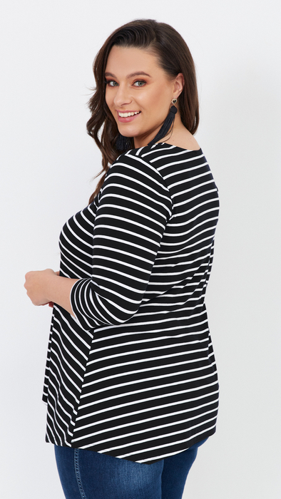Women's black tunic loose blouse with white stripes