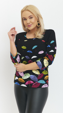 Schwarze Damenbluse mit eleganten Regenschirmen