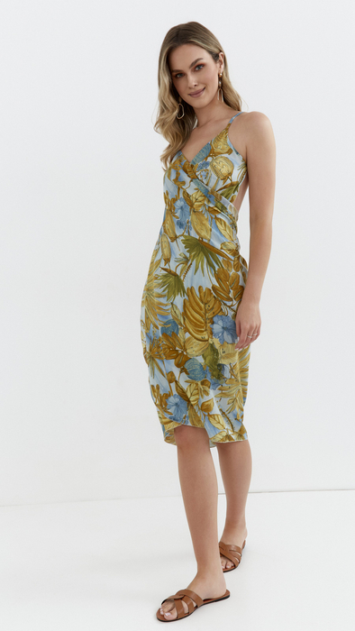 Blue women's pareo cap and midi beach dress