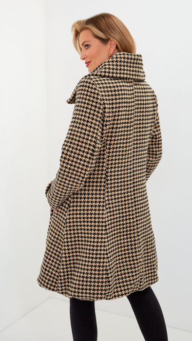 Beige and black women's elegant winter coat with a collar