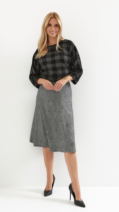 Long, warm, gray women's skirt with an elastic band