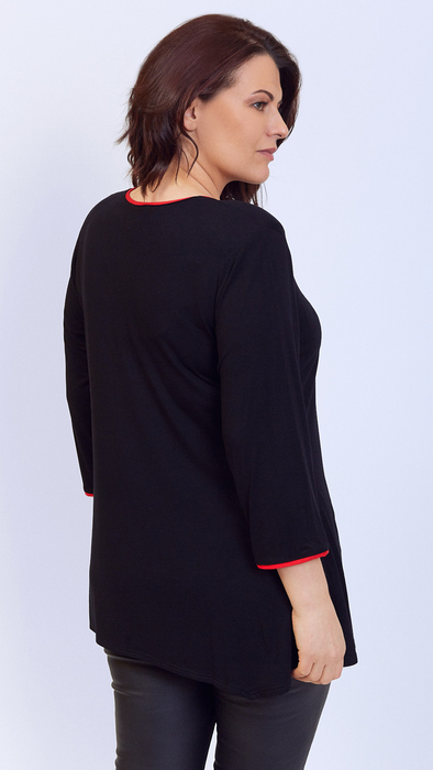 Czarna elegancka tunika damska zdobiona unikalnym czerwonym warkoczem z lamówek