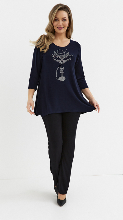 Granatowa tunika damska luźna bluzka elegancka z aplikacją kot