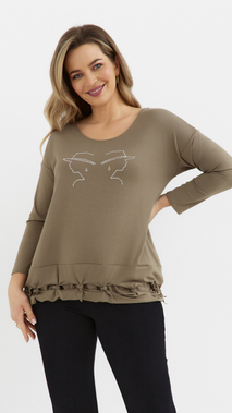 Khaki women's loose, elegant blouse with an application