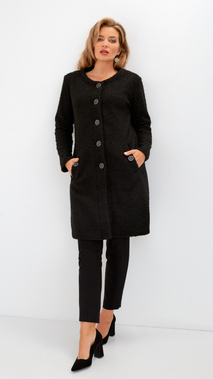 Schwarzer Bouclé-Mantel für Damen mit Knöpfen für den Frühling und Herbst