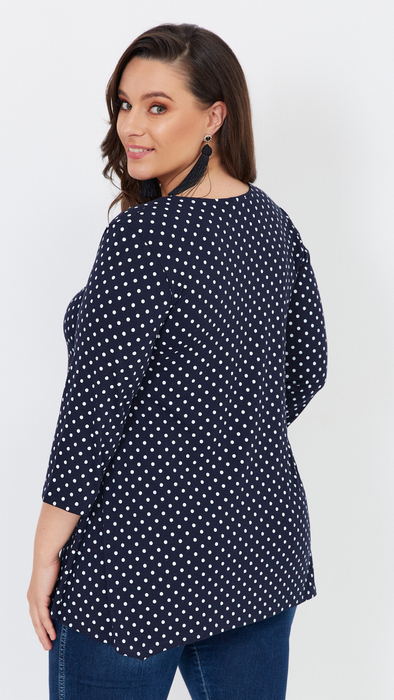 Women's navy blue tunic loose blouse with white polka dots