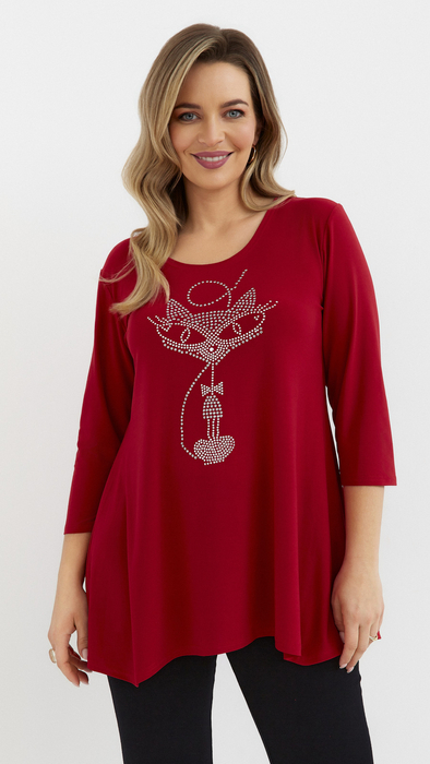 Rote Damentunika, lockere, elegante Bluse mit Applikation Katze