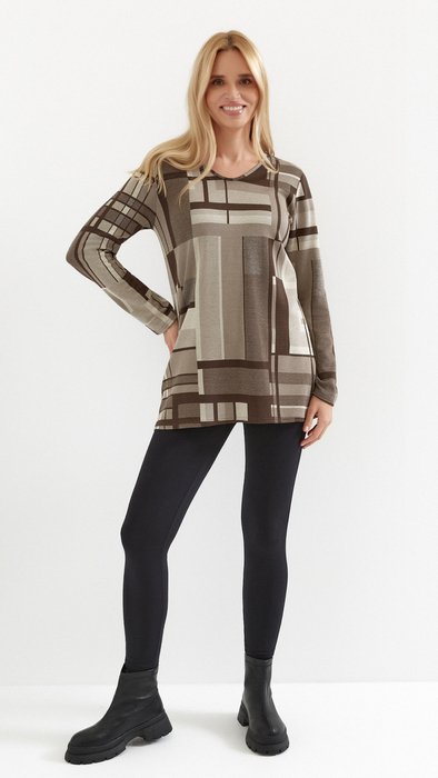 Warme Damen Herbsttunika, dickerer Strick in Brauntönen