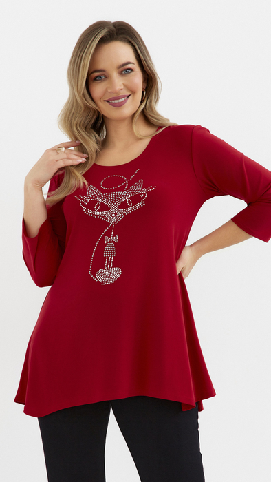 Rote Damentunika, lockere, elegante Bluse mit Applikation Katze