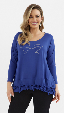 Kornblumenblaue lockere, elegante Damenbluse mit Applikation