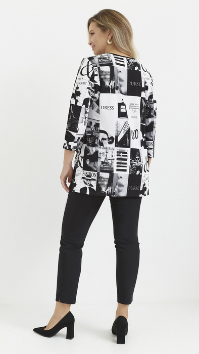 Weiße und schwarze Damentunika, ausgestellte Bluse, Paris in Übergröße