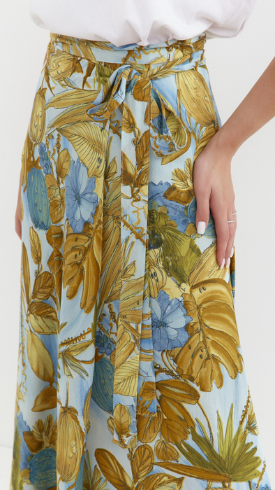 Blue women's floral pattern maxi tie skirt