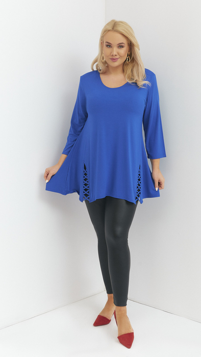 Cornflower blue women's tunic decorated with a unique braid made of trimmings