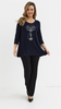 Navy blue women's tunic, loose, elegant blouse with an application cat