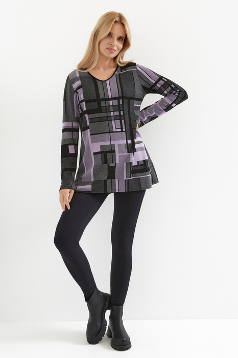 Warme graue Damen-Herbsttunika mit fliederfarbenen Motiven