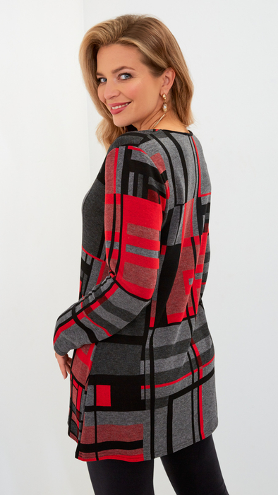 Graue warme Herbsttunika für Damen mit roten Motiven