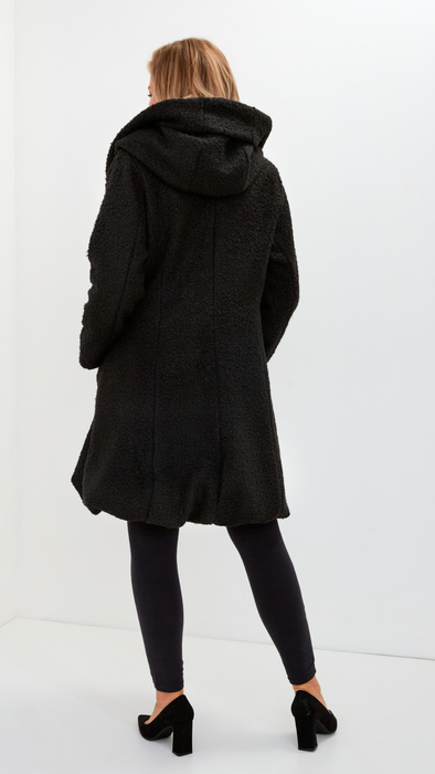 Black warm elegant women's coat with hood Bouclé