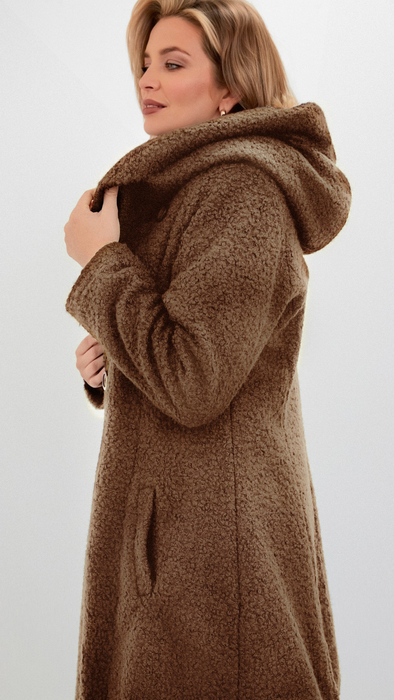 Light brown warm elegant women's coat with hood Bouclé