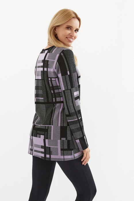 Warme graue Damen-Herbsttunika mit fliederfarbenen Motiven