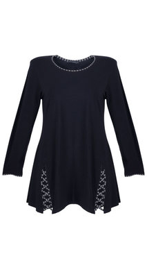 Black elegant women's tunic decorated with a unique braid with gray and black stripes