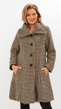 Beige and black women's elegant winter coat with a collar