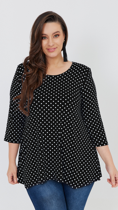 Schwarze Damen Tunika, lose, elegante Bluse mit weißen Tupfen