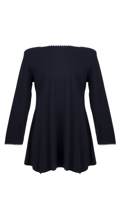 Czarna elegancka tunika damska zdobiona unikalnym warkoczem w biało czarne paski