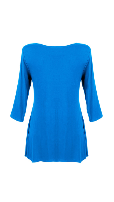 Cornflower blue women's tunic decorated with a unique braid made of trimmings
