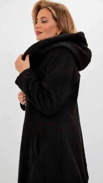 Schwarzer, warmer, eleganter Damenmantel mit Kapuze aus Bouclé