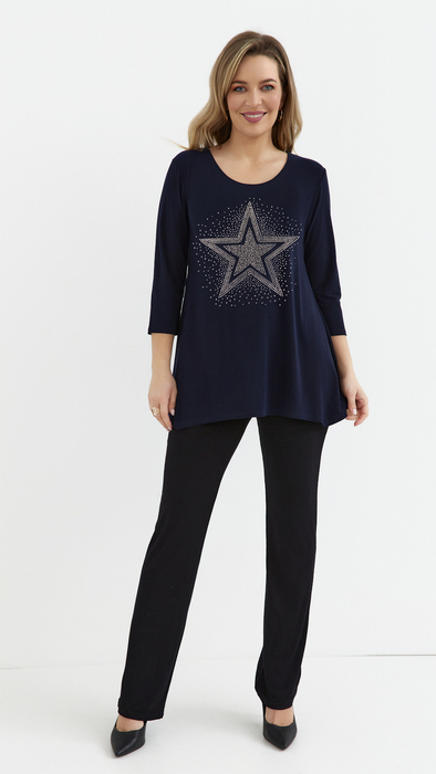 Navy blue women's tunic, loose blouse, elegant viscose star