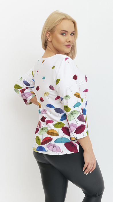 Weiße Damenbluse mit eleganten Regenschirmen