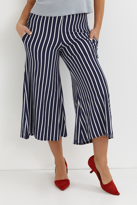 Women's flared trousers, wide, loose trousers with white and navy blue stripes
