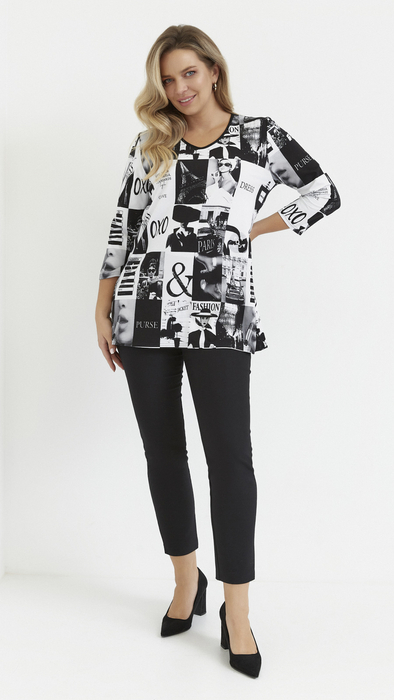 White and black women's tunic, flared blouse, plus size paris