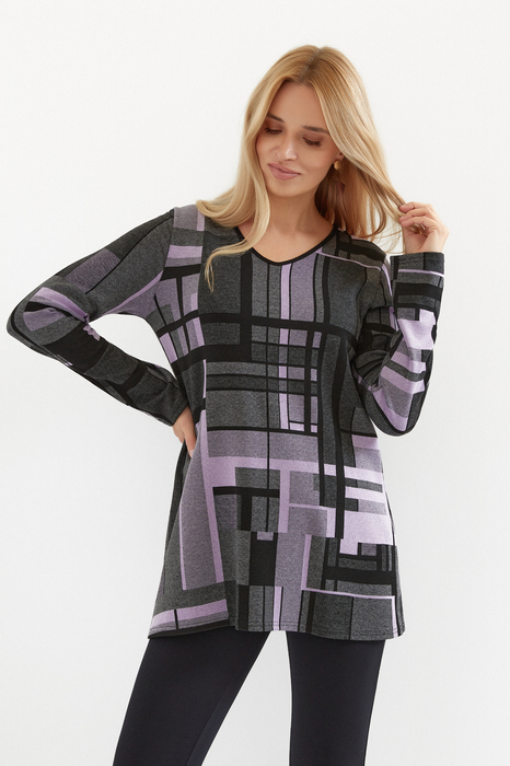 Warm gray women's autumn tunic with lilac motifs