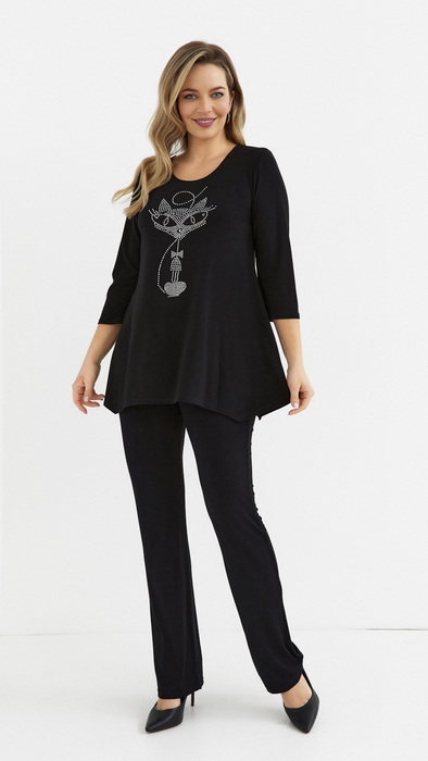 Schwarze Damentunika, lockere, elegante Bluse mit Applikation Katze